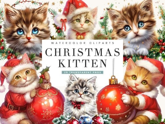 Download Watercolor Christmas Kitten Clipart - Kitten clipart Collection